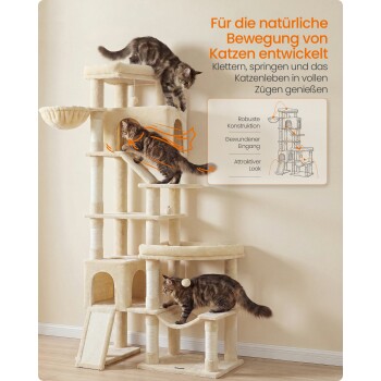 Beiger mehrstufiger Kratzbaum mit drei getigerten Katzen und hängendem Ball; deutscher Text: "Für die natürliche Bewegung von Katzen entwickelt".