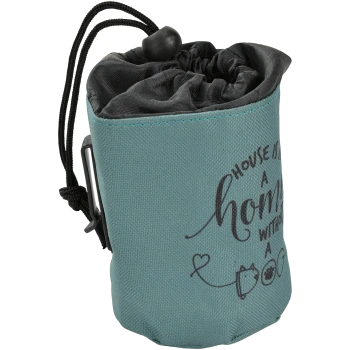 A teal pet treat pouch with a drawstring closure, featuring the text "HOUSE IS NOT A home WITHOUT A PET" and illustrations of a cat and dog.