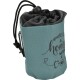 A teal pet treat pouch with a drawstring closure, featuring the text "HOUSE IS NOT A home WITHOUT A PET" and illustrations of a cat and dog.