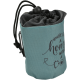 A teal pet treat pouch with a drawstring closure, featuring the text "HOUSE IS NOT A home WITHOUT A PET" and illustrations of a cat and dog.