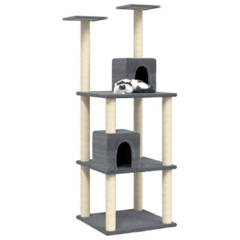 Ein mehrstöckiger Katzenbaum in Grau mit zwei geschlossenen Nischen und zwei Sitzplätzen, mit einer schlafenden Katze auf der obersten Ebene.