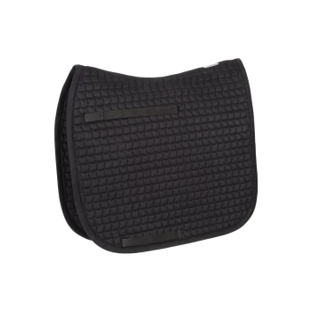 Schwarzes, gestepptes Sattelpad mit zwei Riemen zur Befestigung, entworfen für den Reitsport.