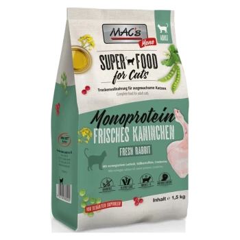 MAC's Mono Super Food für Katzen, 1,5 kg Beutel, mit "Frisches Kaninchen" als Hauptzutat, mit Details zu getreidefrei und Allergiepflege.