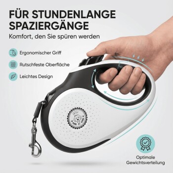 360° Gurt-Laufsystem für Haustiere, mit einem zentralen Gerät mit einem zurückziehbaren schwarzen Kabel und mehreren Befestigungspunkten.