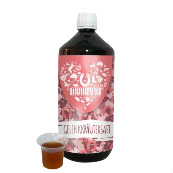Eine Flasche Gelenkkräutersaft für Haustiere, beschriftet mit "Tierliebhaber", neben einer kleinen Tasse mit der Flüssigkeit.