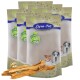 Vier Tüten Lyra Pet Nature Power Hundeleckerlis mit verschiedenen Hunden auf der Verpackung, begleitet von getrockneten Kaustangen vorne.