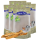 Vier Tüten Lyra Pet Nature Power Hundeleckerlis mit verschiedenen Hunden auf der Verpackung, begleitet von getrockneten Kaustangen vorne.