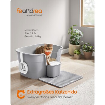 Eine Katze namens Coco sitzt in einer großen grauen Katzentoilette mit einer Schaufel und einem kleinen Abfallbehälter daneben, mit Text über das Produkt.