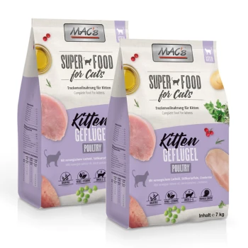 Cat Trockenfutter Katze Kitten Geflügel 2x7 kg Zwei Beutel von MAC's Super Food für Katzen, beschriftet mit "Kitten Geflügel", mit Bildern von Hähnchen und Nährstoffsymbolen, jeweils 7 kg.