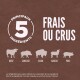Image promouvant la nourriture pour animaux avec '5 PRINCIPAUX INGREDIENTS' et 'FRAIS OU CRUS', présentant des silhouettes de boeuf, de sanglier, de bison, d'agneau et de porc.