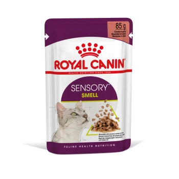 Royal Canin Sensory Smell kattenvoer zakje, met een illustratie van een grijze kat, met stukjes in jus, 85g, ter bevordering van sensorische stimulatie.