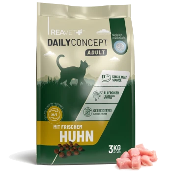 REAVET DailyConcept Adult Katzenfutterbeutel — „Mit frischem Huhn“, 3 kg, Trockenfutter und rohe Hühnerstücke
