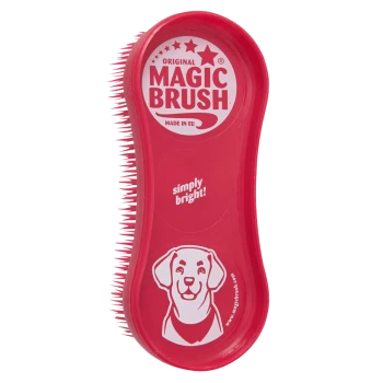 Rode Magische Borstel voor huisdieren met een hondenillustratie, met de tekst 'Originele Magische Borstel' en 'simpelweg helder!'