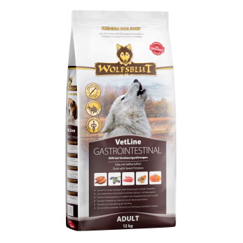 Premium-Hundefutterbeutel mit der Aufschrift 'WOLFSBLUT VetLine GASTROINTESTINAL', mit einem heulenden Wolf, mit Details zu Zutaten und Vorteilen für die Verdauung.
