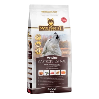 Premium-Hundefutterbeutel mit der Aufschrift 'WOLFSBLUT VetLine GASTROINTESTINAL', mit einem heulenden Wolf, mit Details zu Zutaten und Vorteilen für die Verdauung.