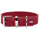 Rote Leder-Hundehalsband mit silberner Metallschnalle und D-Ring, mit weißer Naht und kleinem 'HUNTER'-Logo.