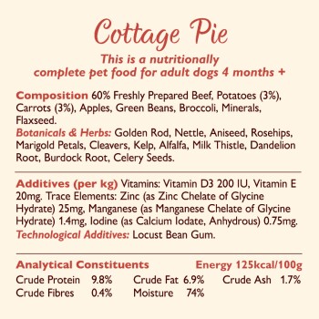 Cottage Pie Haustierfutter für erwachsene Hunde, mit 60% Rindfleisch, Gemüse und Kräutern. Nährwertinformationen enthalten Vitamine und Mineralien.