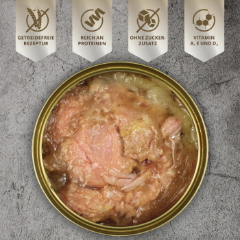 Dosen-Haustierfutter mit einem getreidefreien Rezept, reich an Protein, ohne Zuckerzusatz und mit den Vitaminen A, E und D3.