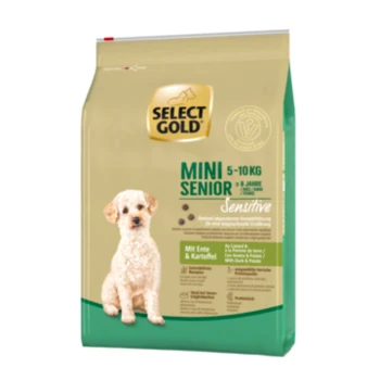 Goldene Mini Senior Hundefuttertüte (5-10 kg) für empfindliche Senioren-Hunde, mit einem flauschigen weißen Hund und Zutaten aus Ente und Kartoffel.