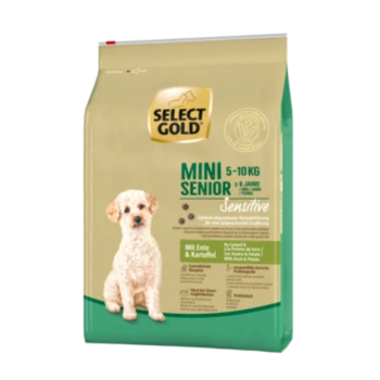 Goldene Mini Senior Hundefuttertüte (5-10 kg) für empfindliche Senioren-Hunde, mit einem flauschigen weißen Hund und Zutaten aus Ente und Kartoffel.