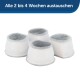 Vier weiße Wasserfilterpatronen für Haustiere mit grauen Filzoberteilen, beschriftet mit "Alle 2 bis 4 Wochen austauschen".