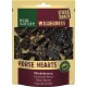 Suszone przysmaki z serca konia w zamykanej paczce oznaczonej "Real Nature Wilderness Pure Snack Horse Hearts" z wielojęzycznym tekstem.