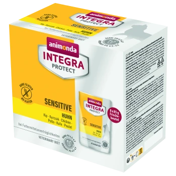 Verpackung von Animonda Integra Protect Sensitive Haustierfutter, mit glutenfreier Hühnerdiät, mit Details zum Harn-pH-Wert und veterinärmedizinischer Diät.