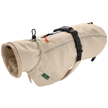 Beige Hundejacke mit einem fleecegefütterten Kragen, verstellbaren Riemen und reflektierenden Details, ideal für kaltes Wetter.