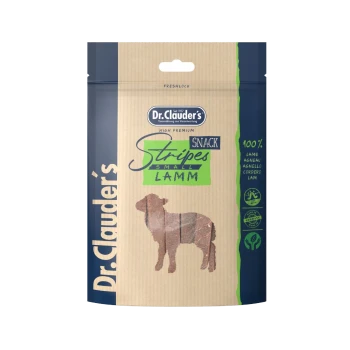 Dr. Clauder's High Premium Snack Stripes für kleine Hunde, hergestellt aus 100% Lamm, verpackt in einem wiederverschließbaren Beutel.