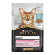 Emballage de nourriture pour chats Purina Pro Plan mettant en vedette un chat Bengal, étiqueté "Adult Delicate Digestion", avec des affirmations soutenant un système digestif sain.