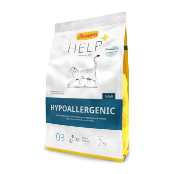 Josera HELP hypoallergenes Katzenfutterpaket (2 kg) mit Katzenillustration und Text: "Veterinary Diet" und "Unterstützung bei Allergien."