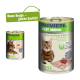 Katzenfutterdosen mit der Aufschrift 'Premiere Meat Menu' und einer getigerten Katze; eine Dose zeigt 'Rind mit Truthahn & Kaninchen' und '100% frisches Fleisch.'