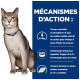 Un chat avec un collier bleu est assis contre un fond bleu avec un texte sur les bienfaits nutritionnels comme les Oméga-3 et le phosphore contrôlé.