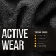 Schwarzer Thermofleece-Stoff mit dem Text "ACTIVE WEAR" und aufgelisteten Eigenschaften: weicher Griff, atmungsaktiv, wärmespeichernd, pillenfrei, langlebig.