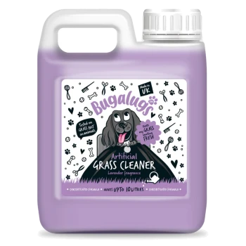 Lila Behälter des Bugalugs Artificial Grass Cleaner mit Lavendelduft, Hundeillustration und dem Text „Getestet auf Gras, nicht an Tieren“.