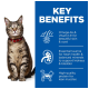 A tabby cat with green eyes and a red collar sits by a blue panel highlighting benefits: Omega-6s, taurine, and high-quality protein.