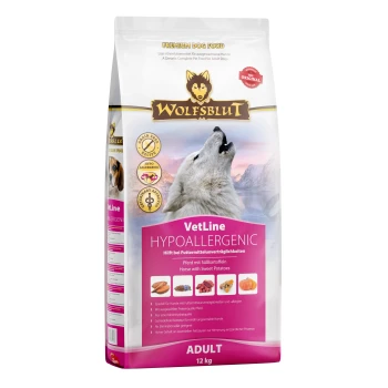 Wolfsblut VetLine hypoallergenes Hundefutter, 12 kg, mit einem heulenden Wolf, mit Text, der hervorhebt, dass es Pferd und Süßkartoffeln enthält.