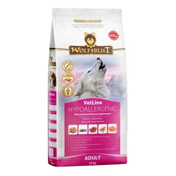 Wolfsblut VetLine hypoallergenes Hundefutter, 12 kg, mit einem heulenden Wolf, mit Text, der hervorhebt, dass es Pferd und Süßkartoffeln enthält.