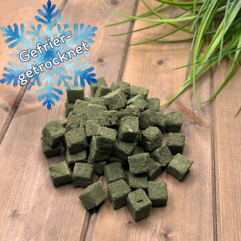 Haufen grüner, gefriergetrockneter Tierfutterwürfel auf einem Holzbrett, rechts eine Pflanze, blaues Schneeflocken-Label mit der Aufschrift „Gefrier-getrocknet“