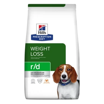 Hill's Prescription Diet r/d Gewichtsverlies hondenvoer zak, met een groen en wit ontwerp met de tekst 'VETERINARIAN RECOMMENDED'.