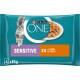 Verpackung von Purina ONE Sensitive Katzenfutter mit einer flauschigen grauen Katze, mit Text, der "SENSITIVE X4" und "Mit Huhn Au Poulet" anzeigt.