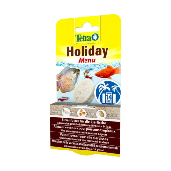 Tetra Holiday Menu Fischfutterverpackung mit einer runden Gel-Tablette, Bildern von tropischen Fischen und dem Text "14 Tage."