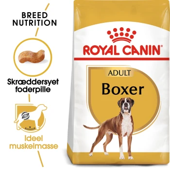 Royal Canin Adult Boxer Hundefutterbeutel mit einer Illustration eines Boxerhundes, mit Text, der die Rassenernährung und die ideale Muskelmasse hervorhebt.
