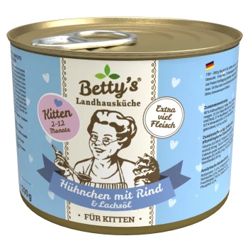 Kitten 6x200 g Dosenkatzenfutter mit der Aufschrift "Betty's Landhausküche", mit Huhn, Rind und Lachsöl, geeignet für Kätzchen im Alter von 2-12 Monaten.