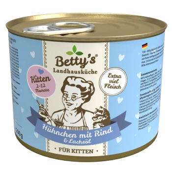 Dosenkatzenfutter mit der Aufschrift "Betty's Landhausküche", mit Huhn, Rind und Lachsöl, geeignet für Kätzchen im Alter von 2-12 Monaten.