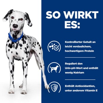 Ein Dalmatiner-Hund auf einem blauen Hintergrund hebt Vorteile hervor: kontrolliertes Protein, Urin-pH-Regulierung und Antioxidantien wie Vitamin E.