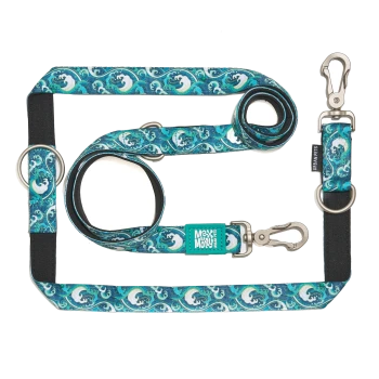 Mehrzweck-Hundeleine mit türkisfarbenem Wellenmuster, drehbaren Metallclips, D-Ringen und einer türkisfarbenen Marke mit weißem Logotext.