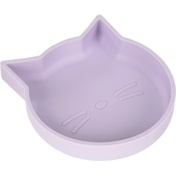 Eine lavendelfarbene, katzenförmige Haustierschüssel mit erhöhtem Rand und einem niedlichen Gesichtdesign mit Schnurrhaaren und einer Nase.