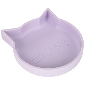 A lavender cat-shaped pet bowl with a raised edge and a cute face design featuring whiskers and a nose.