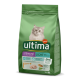 Sac vert de nourriture pour chats Ultima présentant un chat gris duveteux à l'avant, étiqueté 'Stérilisé Light' avec du poulet comme ingrédient principal.